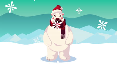 merry christmas animation with polar bear in snowscape