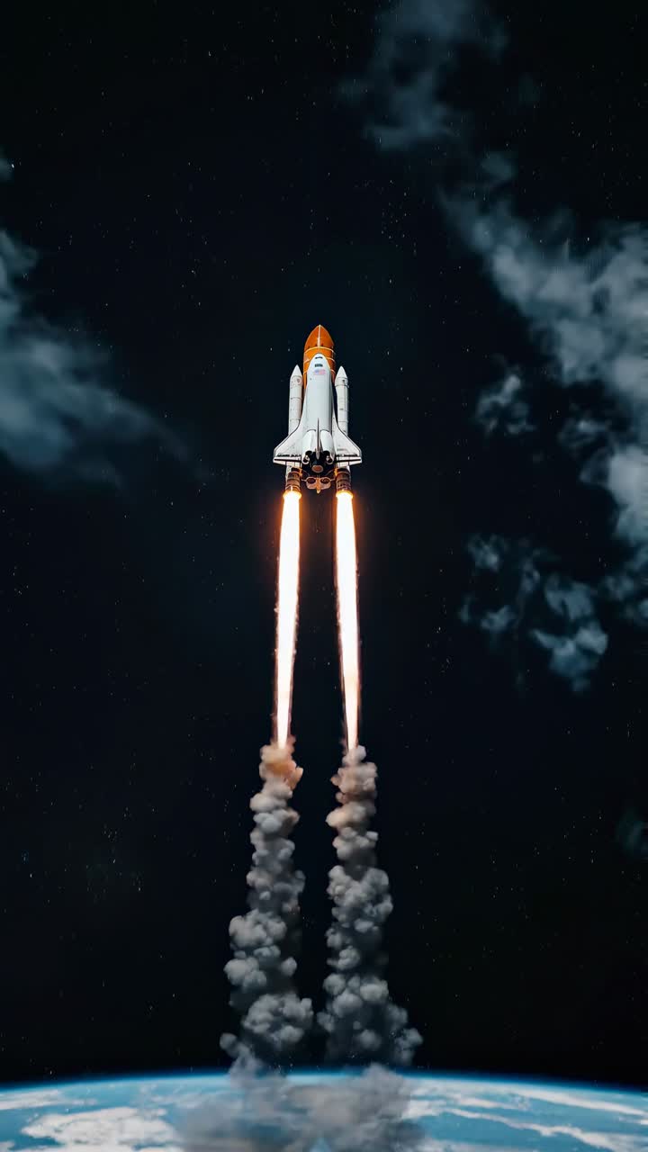 Dynamic low-angle video of a space shuttle launching, capturing powerful engines and smoke