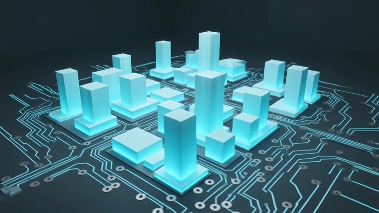 Orbiting virtual camera revealing cyan towers cluster on circuit plane, showing conductive traces