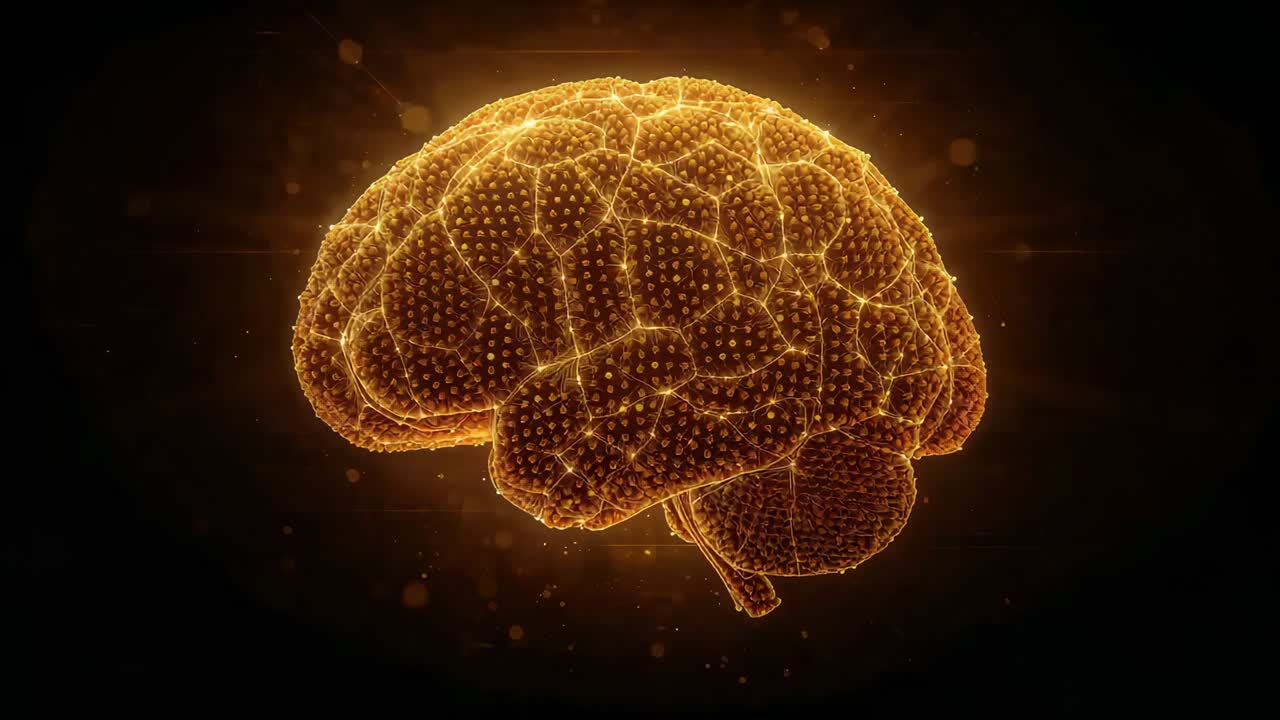 Rotating 3D brain model to frontal view on playback starting in dark studio, revealing glowing mesh