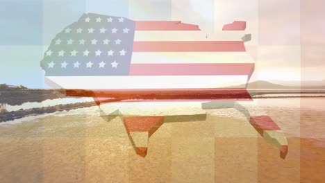 Animation-Der-Karte-Der-USA-Mit-Amerikanischer-Flagge-über-Roten-Quadraten,-Strand-Und-Meer