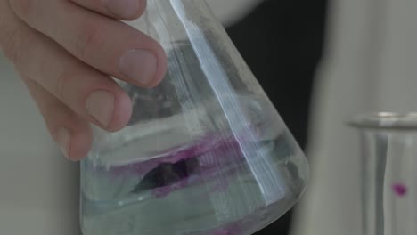 person holding a conical flask with purple liquid