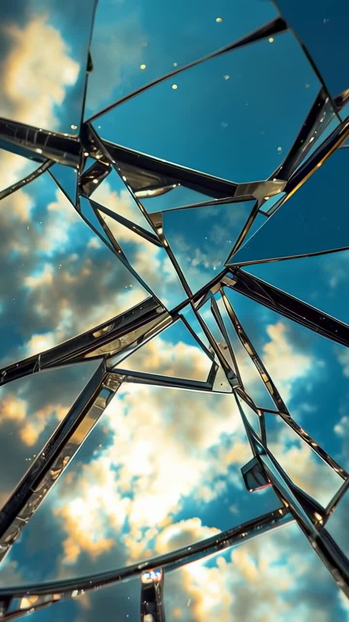 Vertical video: Tilting camera revealing shiny shards framed by metal at blue sky, motes glinting