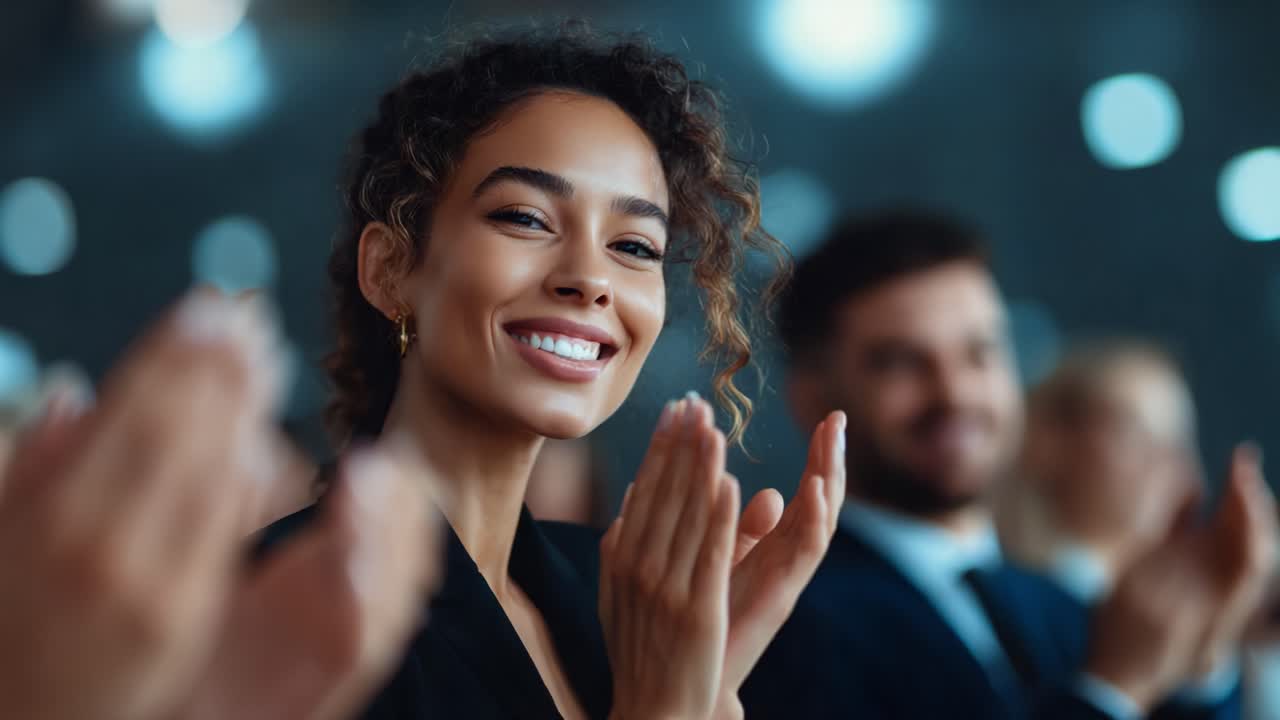 A Woman's Joyful Reaction in a Crowd of Applauding Attendees, Capturing a Moment of Celebration and Success During a Significant Event or Presentation in a Brightly Lit Venue
