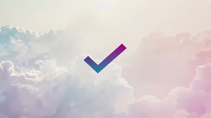 Starting colorful checkmark rising, tilting and shifting over sunlit pastel clouds signaling done