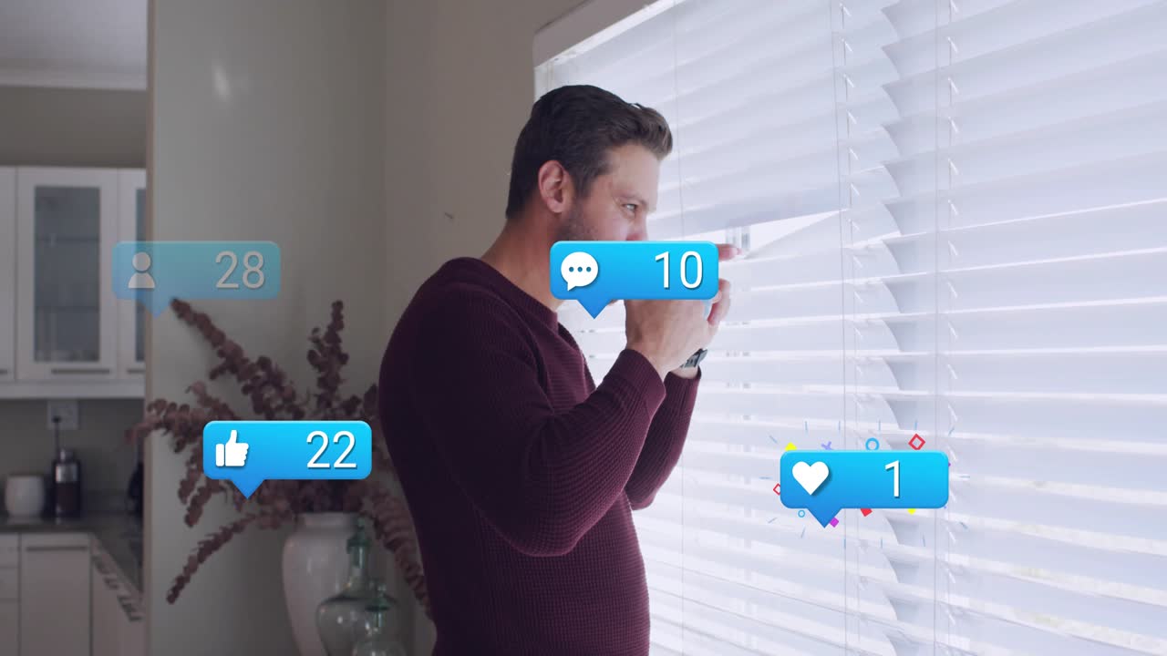 Man sipping mug lifting blind while social media notifications popping around him, tracking stats