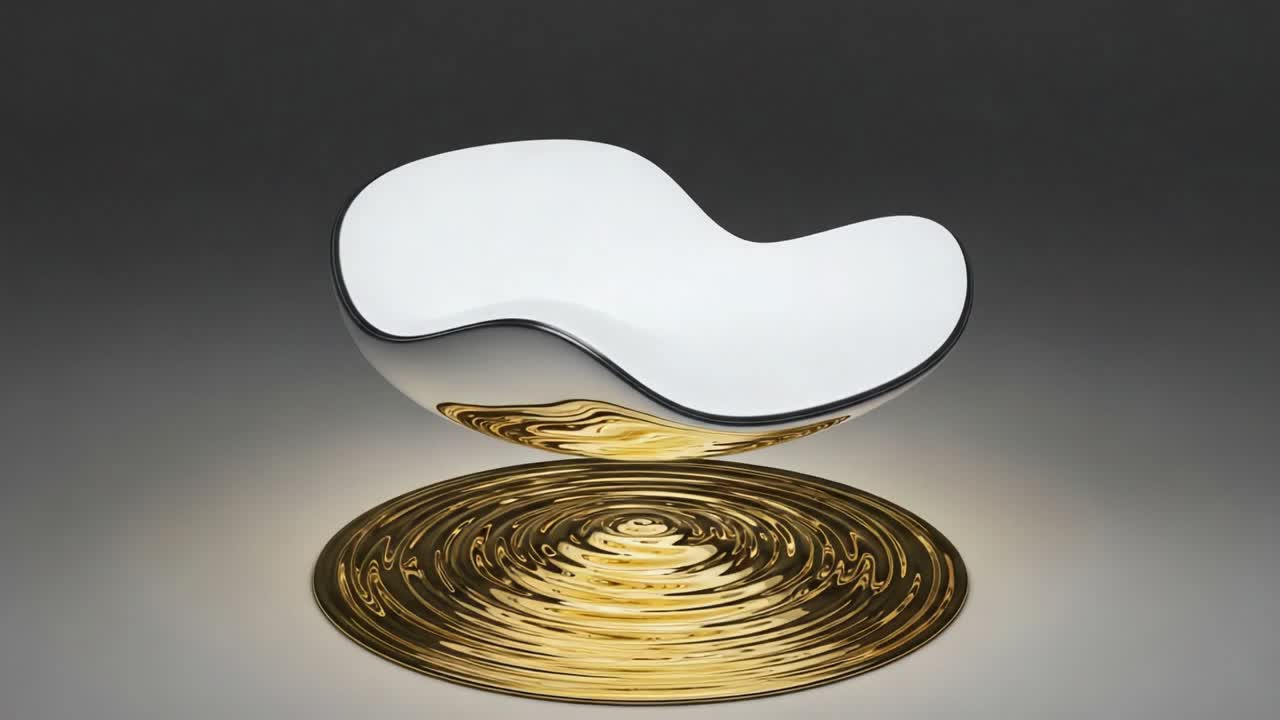 A Sleek Modern Lounge Chair Floating Above a Circular Golden Ripple Effect in a Minimalist Design Setting, Showcasing Innovative Aesthetics and Artistic Vision