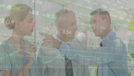 animation of financial data processing over diverse business people working at office