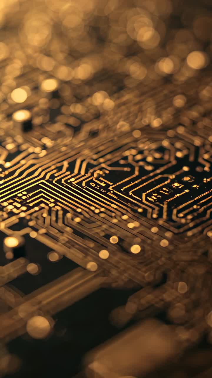 Vertical video: Moving camera diagonal tracking PCB on studio bench revealing gold traces and bokeh