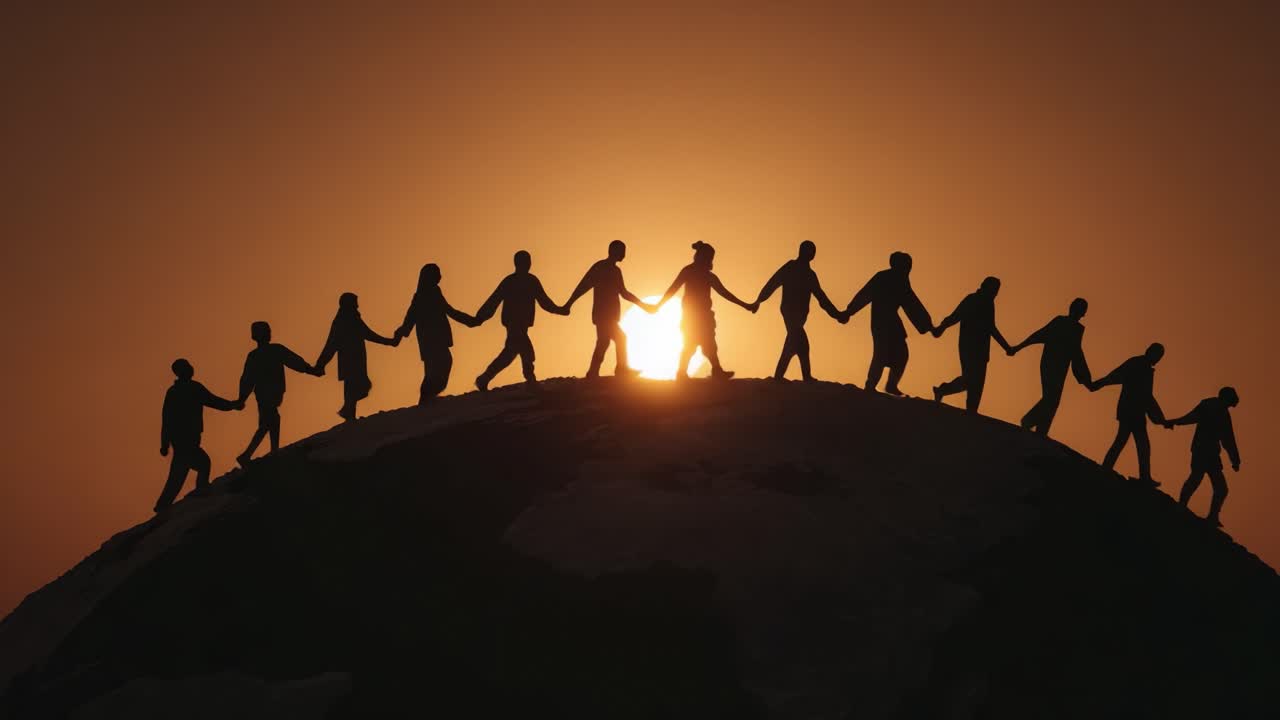 A Powerful Silhouette of Unity: People Holding Hands Against a Stunning Sunset, Symbolizing Connection, Togetherness, and Strength in the Face of Adversity