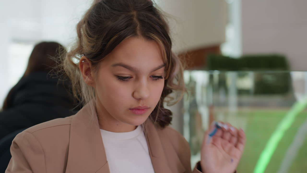 Una mujer compara diferentes tonos y muestras de esmalte de uñas con atención; una joven evalúa cuidadosamente varias muestras de colores de esmalte de uñas y opciones de muestras antes de elegir.