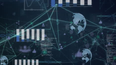 Animation of network of connections and cyber security data processing against blue background