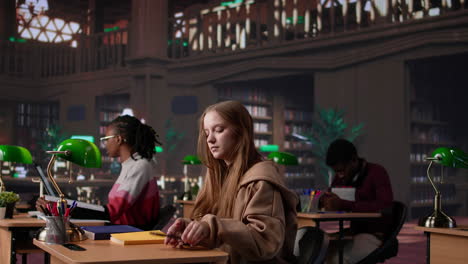 vertical video noisy girl disturbing students at the library by speaking very loud on call