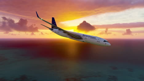 airplane flying over the ocean at sunset