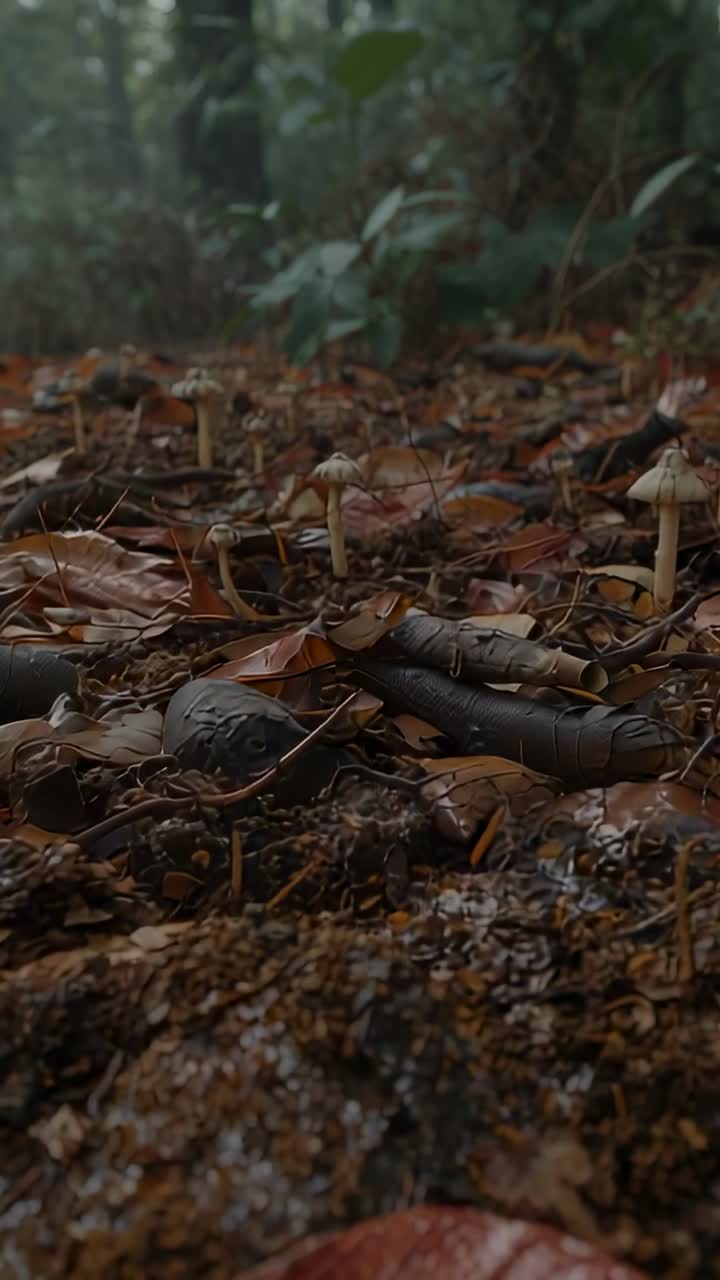 Vertical video: Operator starting push, camera revealing small pale mushrooms on damp forest floor