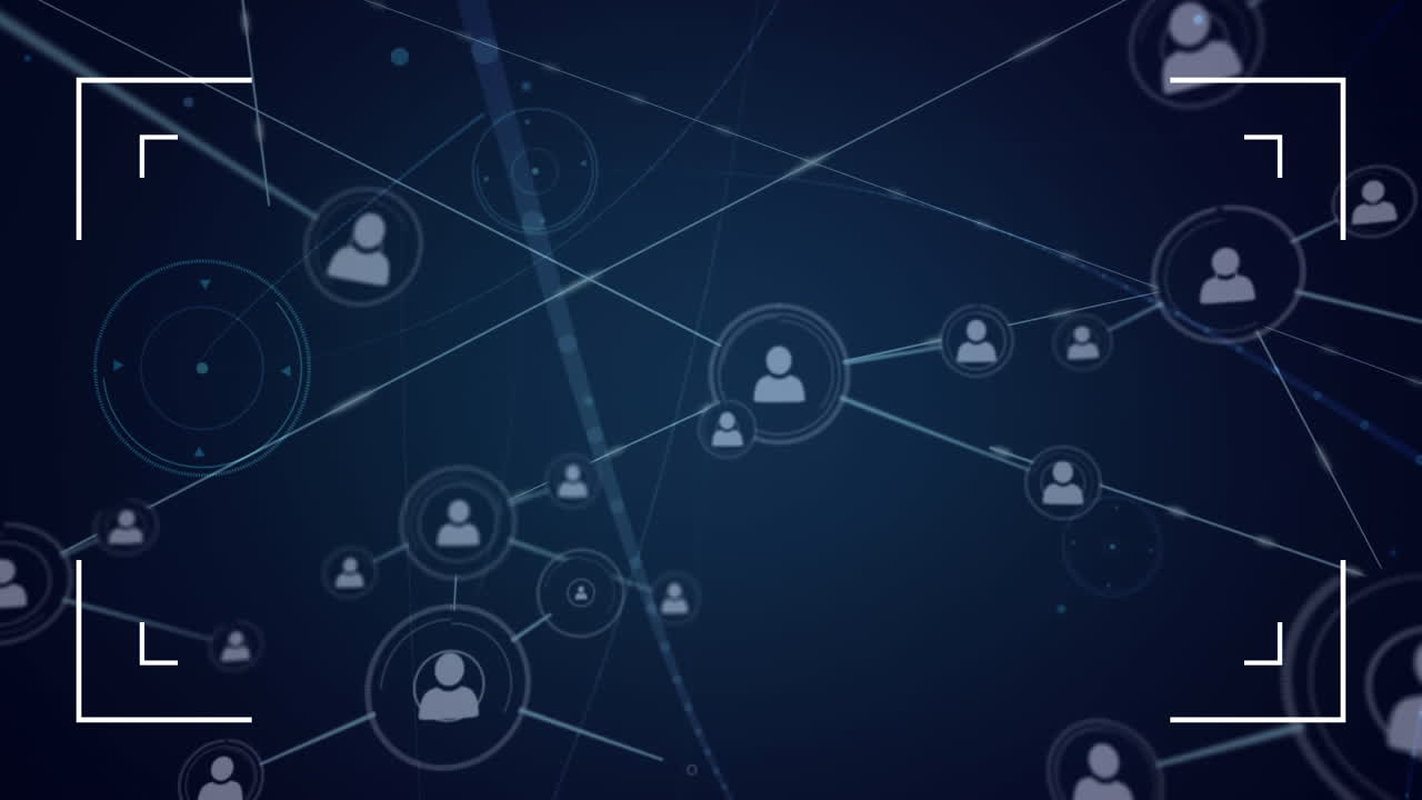 Network of data and connections on dark blue background