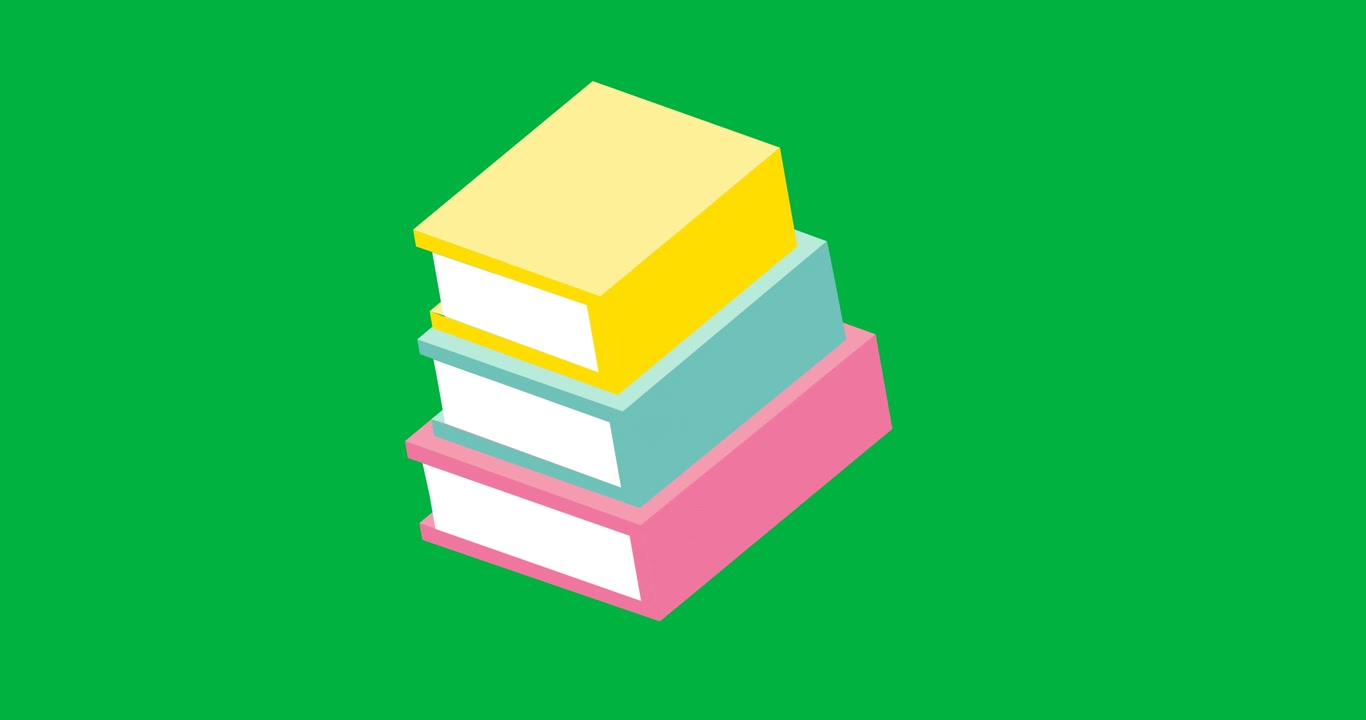 Digital animation of stack of colorful books icons against black background
