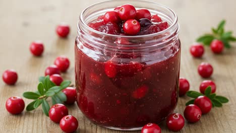 delicious homemade cranberry jam preserved in a jar surrounded by fresh cranberries and leafy green accent on a rustic wooden table