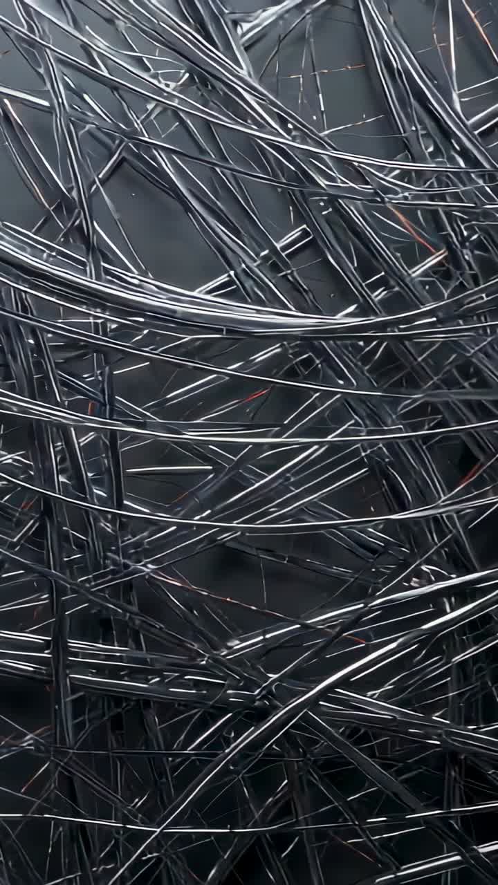 Vertical video: Opening with closeup on metal cables camera panning through tangled rods in factory