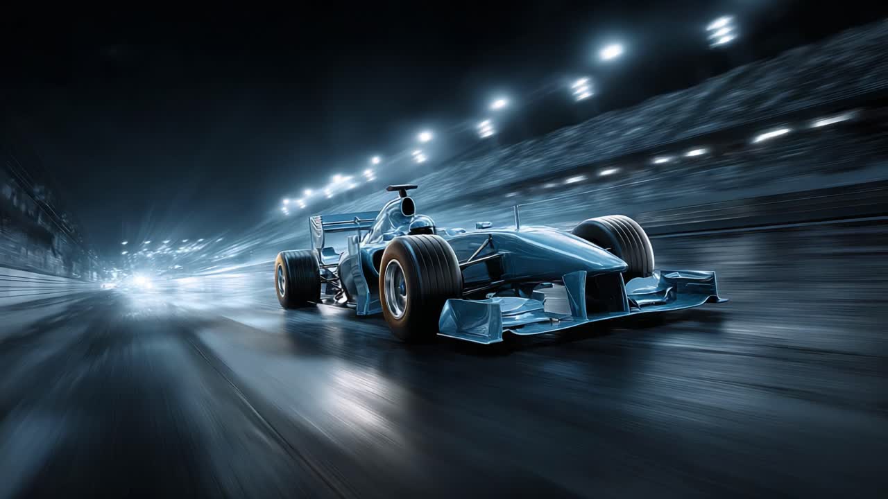 High-Speed Motorsport Action: A Dynamic Racing Car in Motion, Capturing the Thrill of the Track with Blurred Lights and Distinctive Design Elements