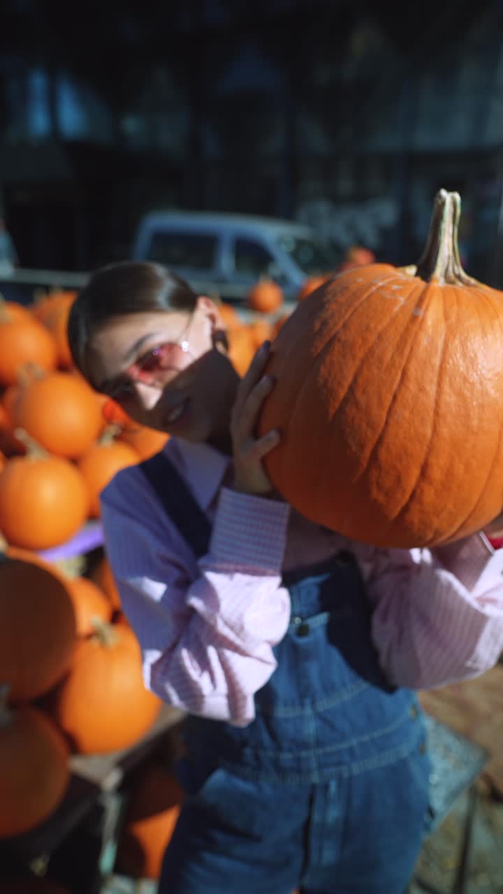 호박 에서 큰 호박을 들고 있는 소녀