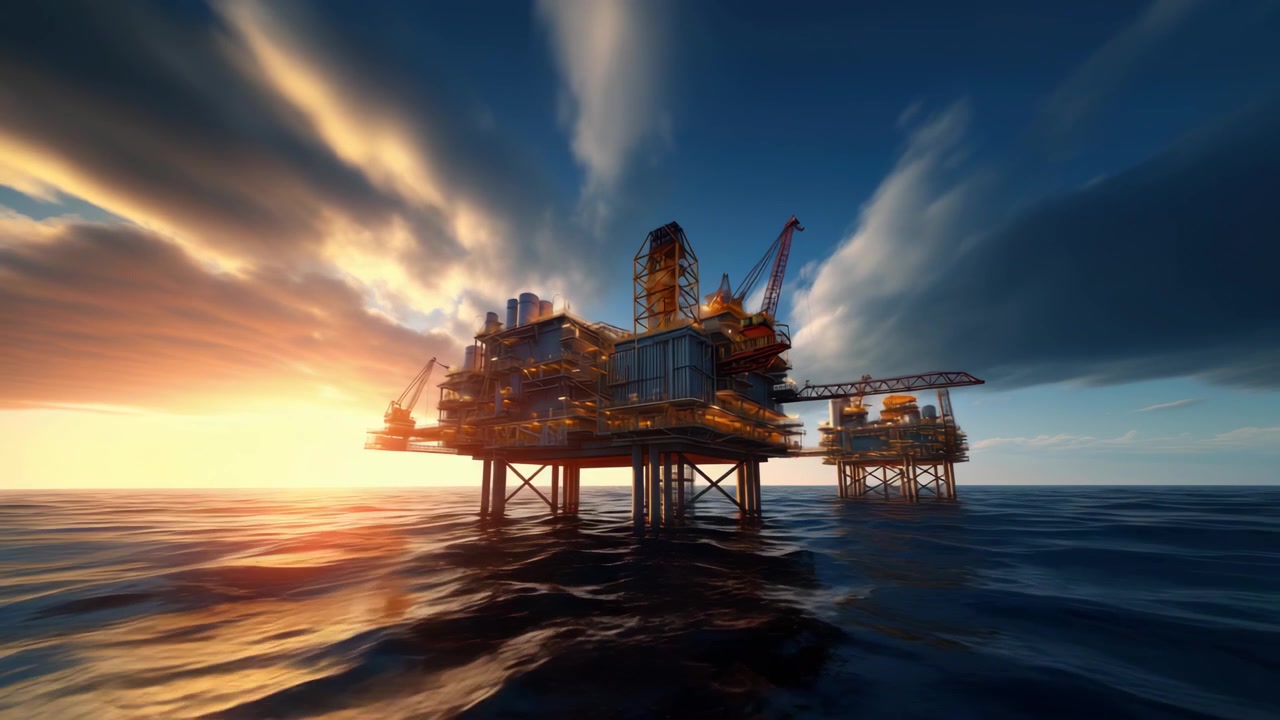 Offshore olieplatform ved solnedgang i det åbne hav