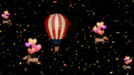 Animation-of-hot-air-balloon-flying-and-flying-dogs-over-dark-background