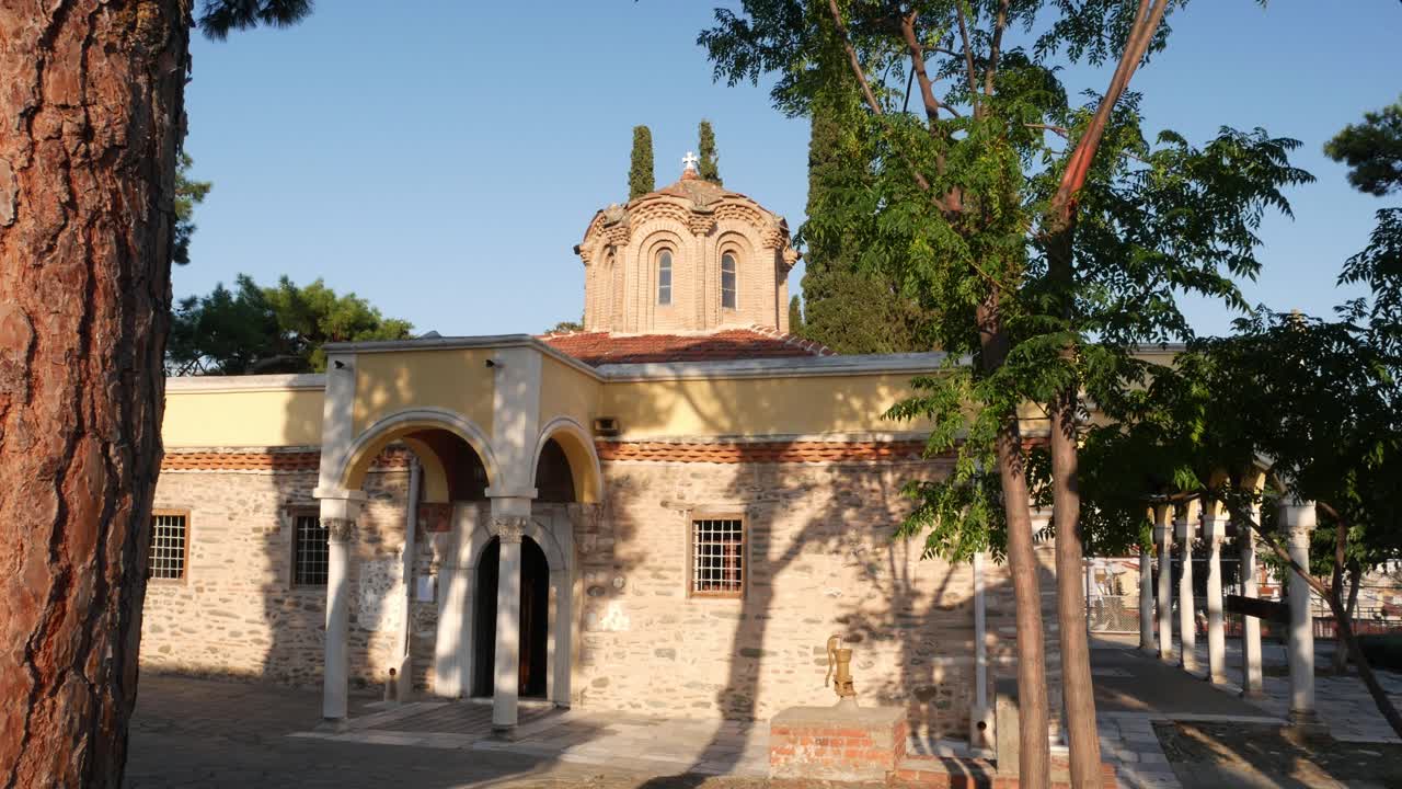 Tilt down view of Vlatadon Monastery, Thessaloniki, Greece