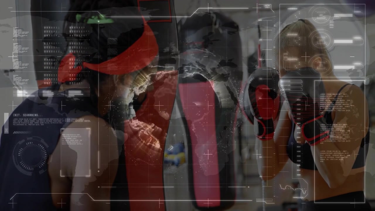 Trainer coaching trainee in boxing gym, with digital HUD scanning graphics overlaying heavy bag