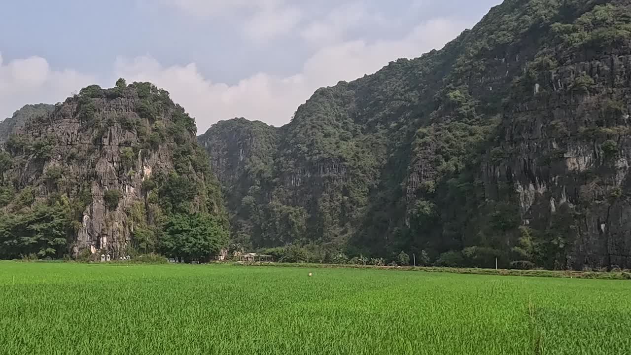 Vibrant green fields stretch beneath towering limestone hills under a clear blue sky.