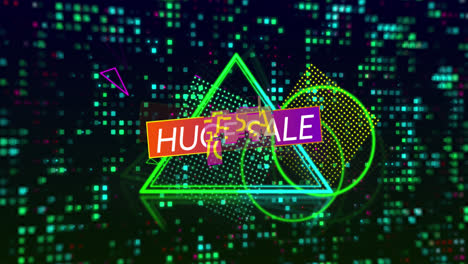 Animation of huge sale over triangle and black background with dots