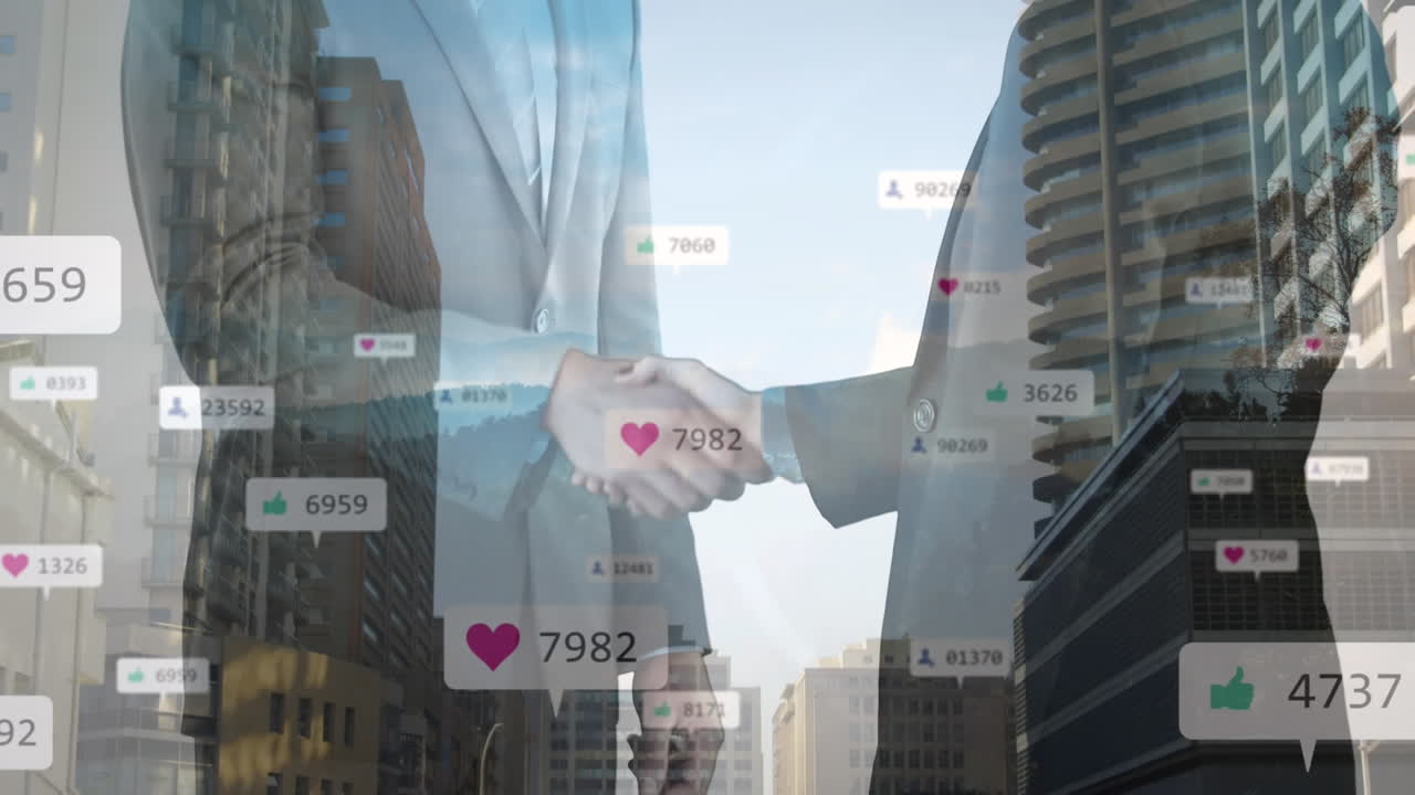 두 사업가의 중간 부분에서 숫자가 증가하는 디지털 아이콘이 손을 흔들고 있습니다.