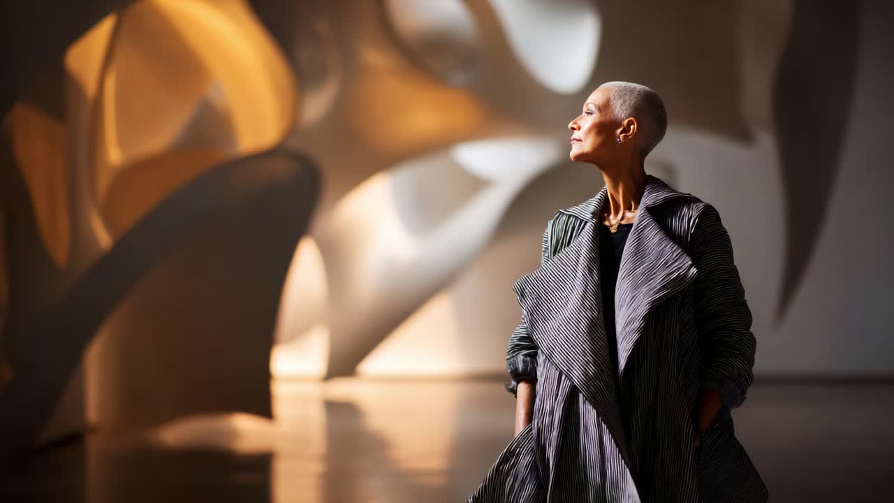 An Exquisite Display of Modern Art Captured in a Video Frame Featuring a Poised Woman in a Striking Coat Against an Abstract Background of Sculptural Forms