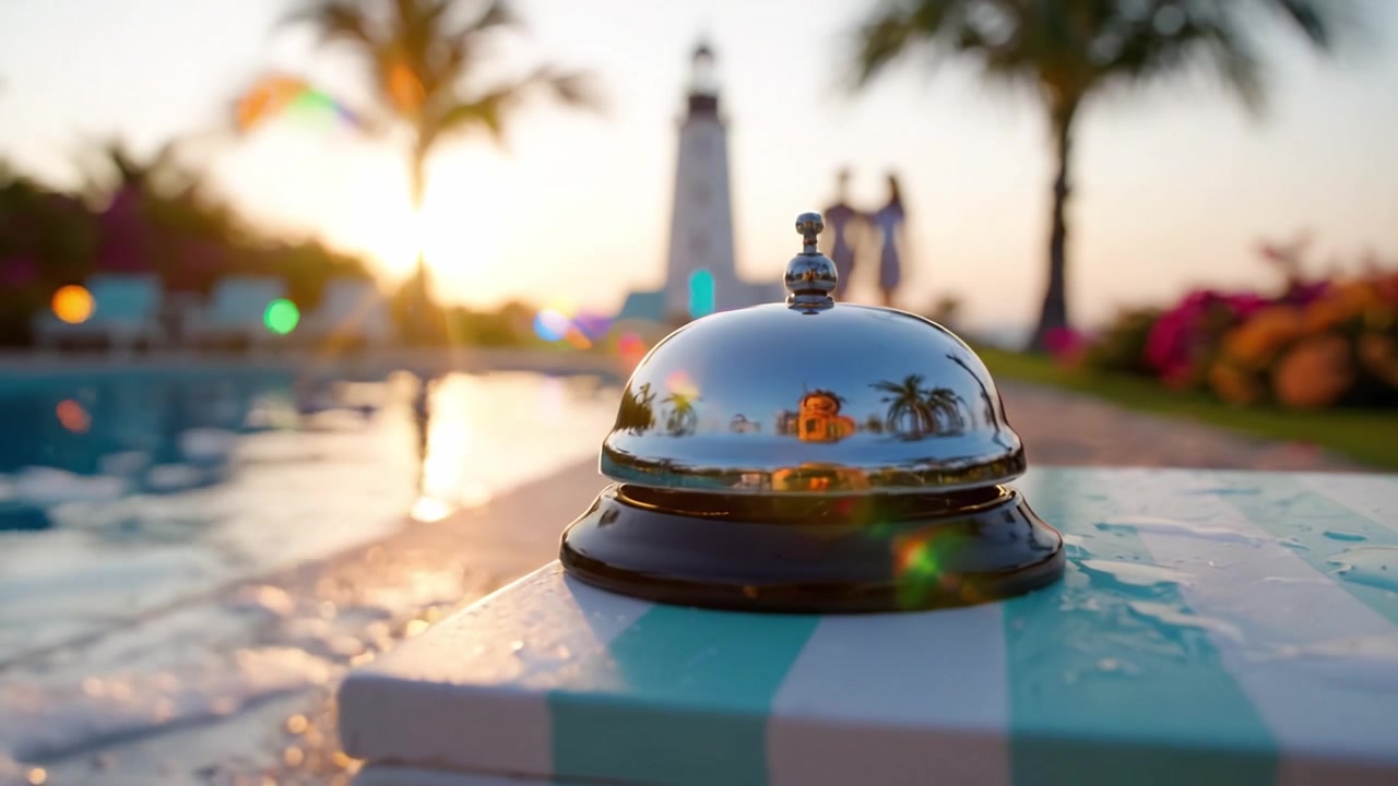 Cloche de service au bord de la piscine d'un complexe de luxe avec un phare au coucher du soleil