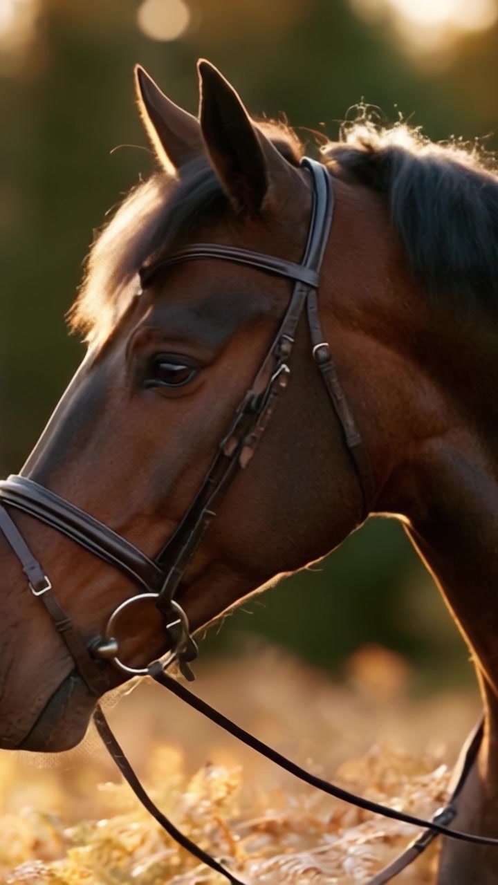 Un primo piano maestoso di un bellissimo cavallo marrone in luce naturale soffusa, che mette in risalto le sue caratteristiche graziose e l'elegante briglia su uno sfondo rigoglioso.
