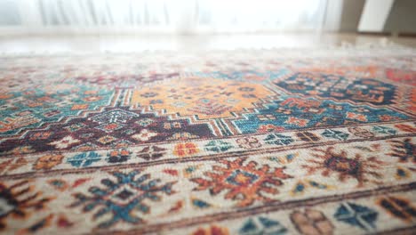 close-up of a colorful rug with a traditional pattern