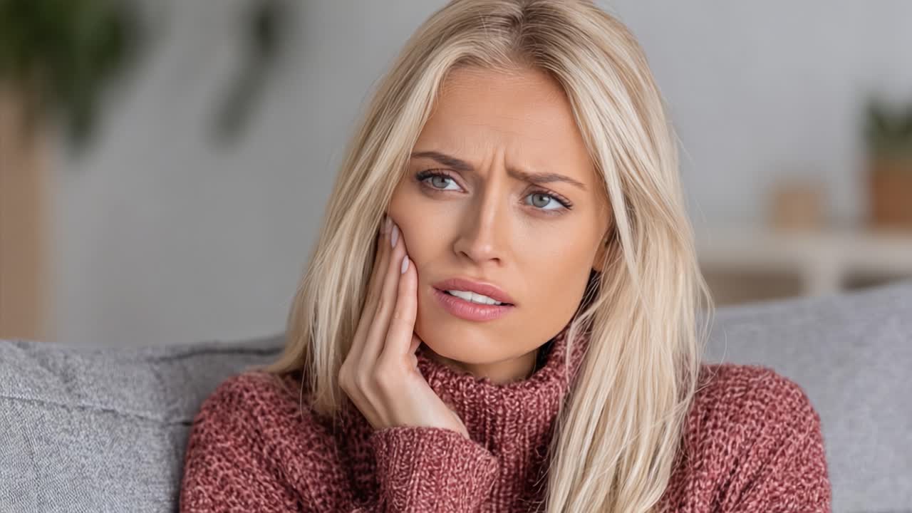 A woman experiencing discomfort and concern, touching her jaw while seated on a couch, captures the essence of emotional and physical distress in a cozy environment