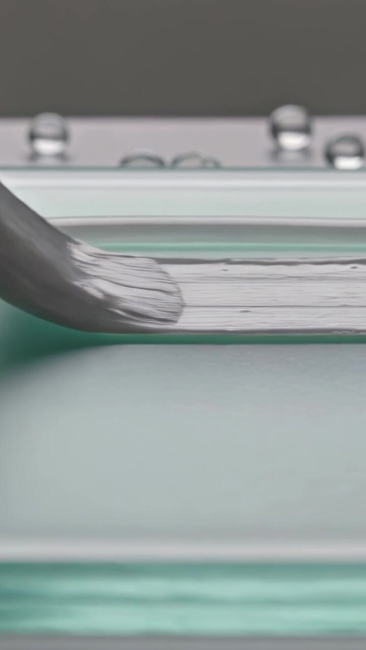 Vertical video: On contact, metal-ferrule brush applying white cream across tray in studio for demo