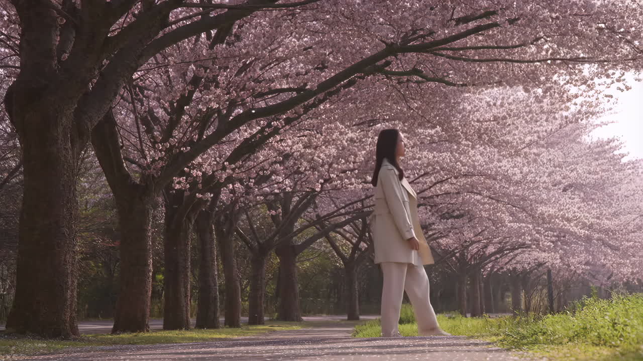 Donna che passeggia lungo un viale di ciliegi in fiore