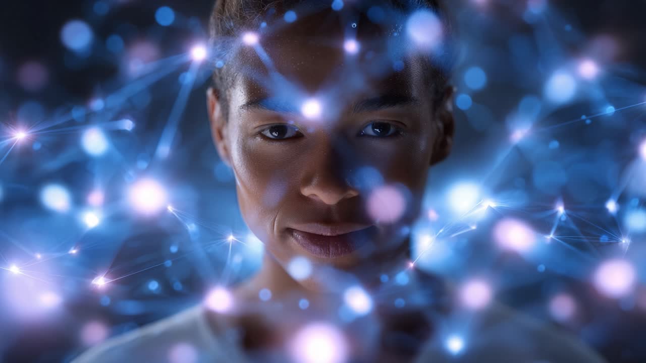 Connessione illuminata: un ritratto di una donna circondata da una ragnatela di luce, che simboleggia intuizione, consapevolezza e il potere del pensiero umano e della connettività.