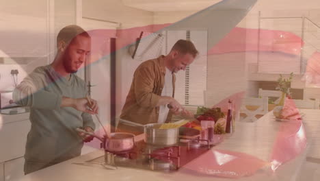 animación de manos cortando verduras sobre una pareja masculina diversa cocinando la cena en la cocina