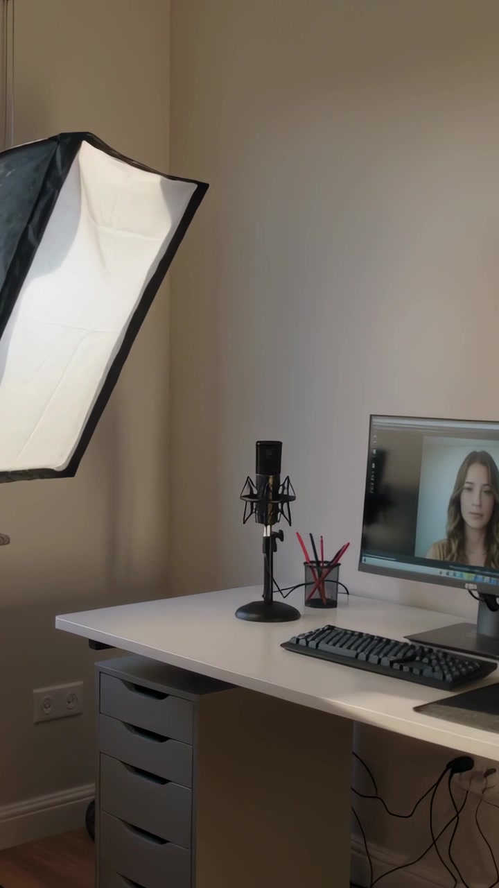 Vertical video: Entering left man in olive tee passing softbox to mic and screen joining home call