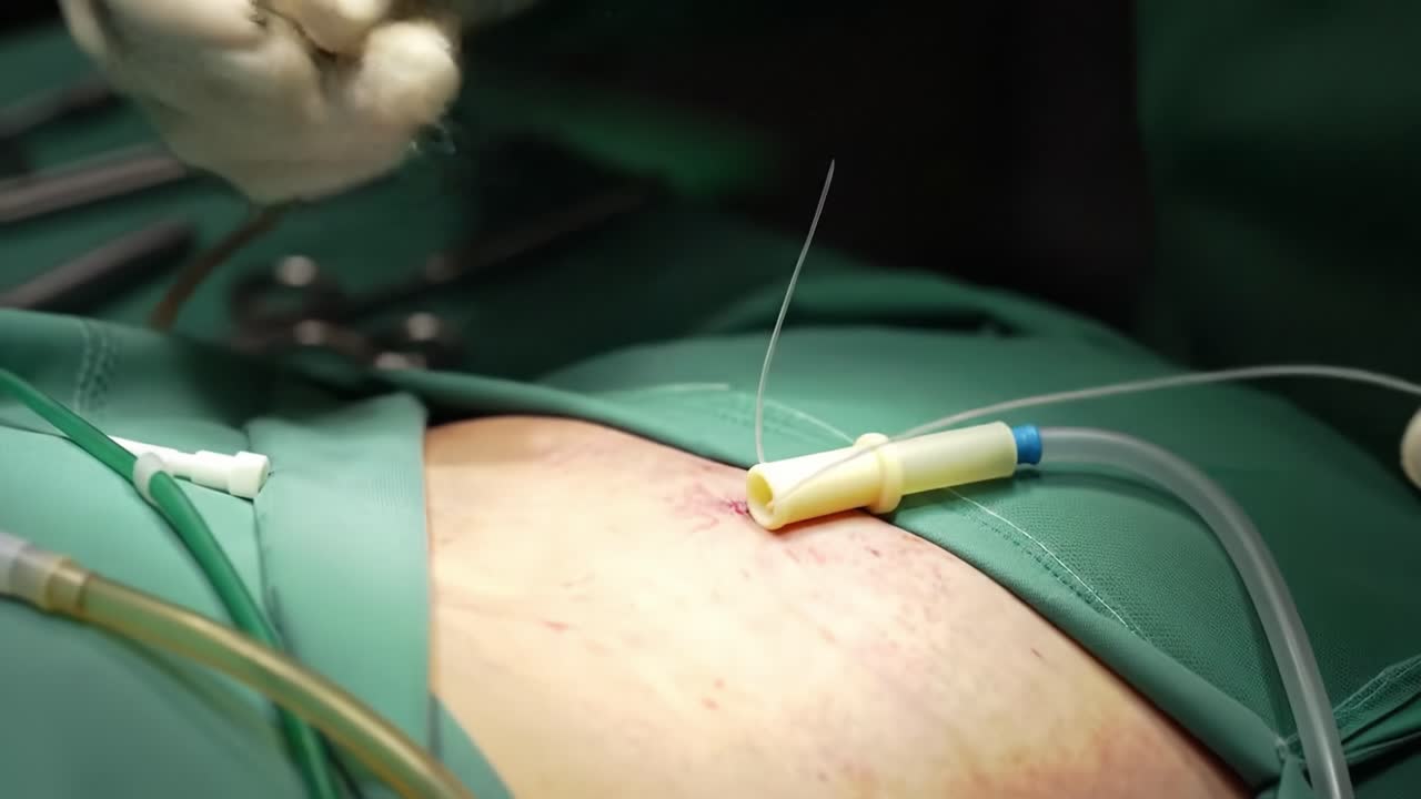 Surgeons are working diligently in a hospital setting, performing a surgical procedure. Medical instruments are nearby, and the atmosphere is focused and sterile as they ensure patient safety.