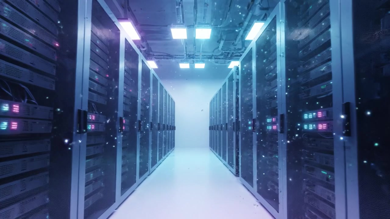 Corridoio futuristico di un data center illuminato da luci al neon, circondato da rack di server avanzati, che offre uno sguardo all'infrastruttura tecnologica di prossima generazione.