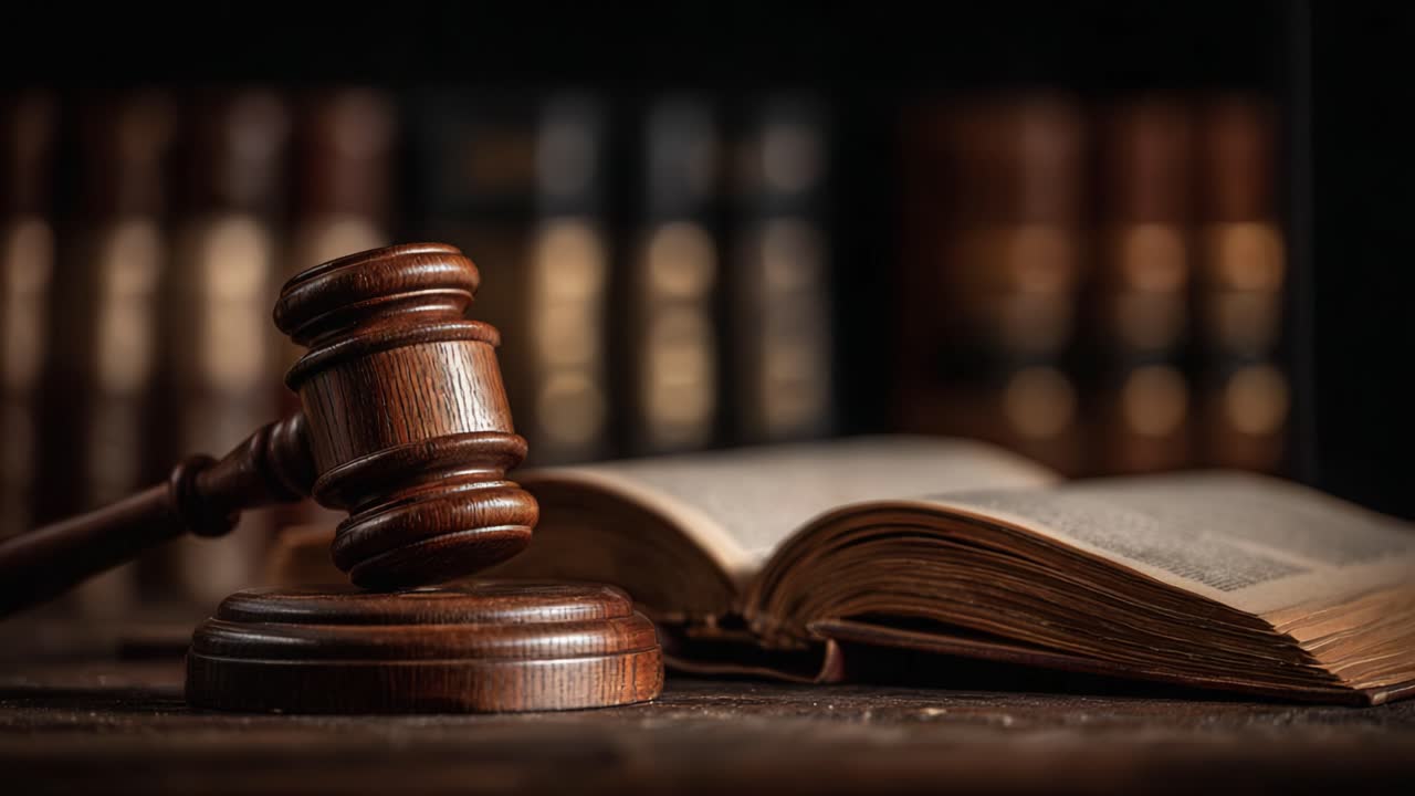 Un simbolo di giustizia: il martelletto e il codice giuridico che catturano l'essenza dell'autorità legale e le fondamenta della giustizia in una composizione ponderata