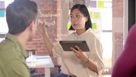 asian creative businesswoman with tablet in casual meeting diverse colleagues, slow motion