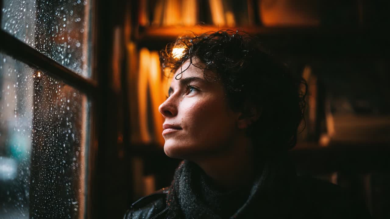 Contemplative Moments: A Woman Gazes Through a Rain-Streaked Window, Lost in Thought Amidst a Cozy Indoor Setting Filled with Warm Light and Books