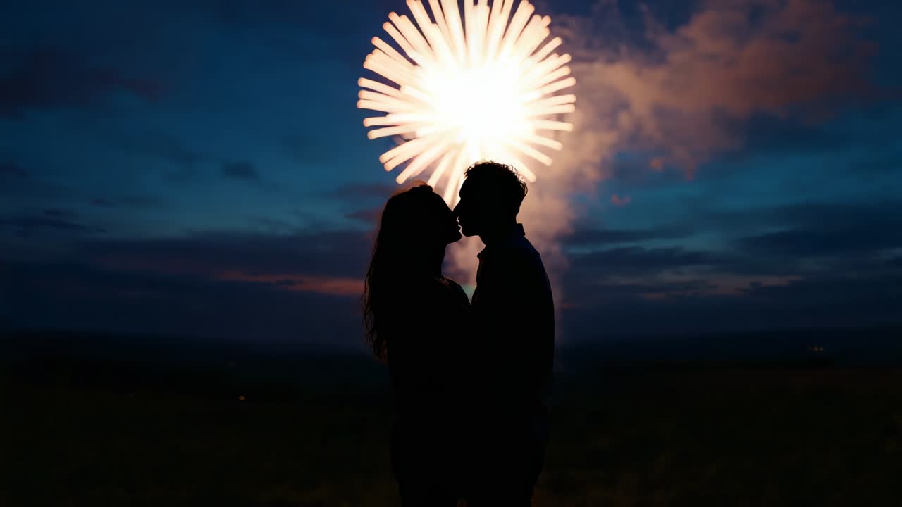 Sparks launching drawing silhouetted couple turning and kissing in open dusk field, with fireworks