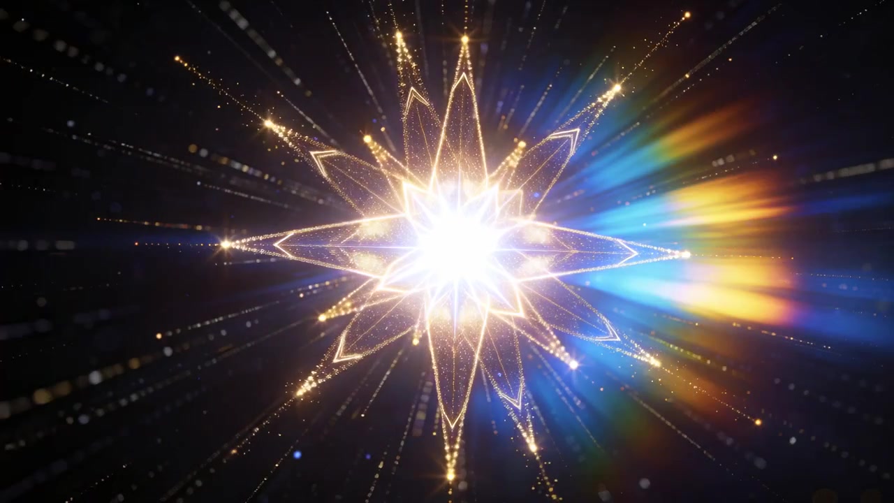Nucleo bianco scintillante che fa pulsare una stella dorata ed emette scintille radiali nel vuoto, con un bagliore blu.