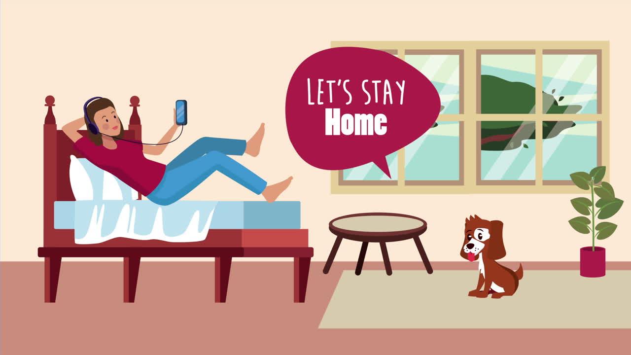 침대에서 음악을 연주하는 여자와 함께 집에 머물 캠페인